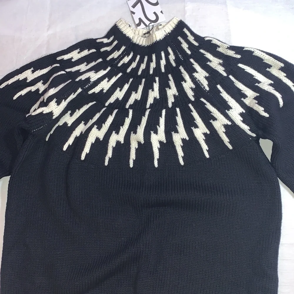 525 America wool sweater pullover turtleneck knit contrast cotton zigzag retro L - Picture 3 of 16